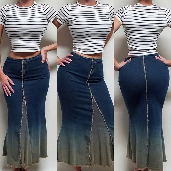 RARE Vintage Clothes Compact Raw Cut Midi Stretchy Ombre Denim Mermaid Skirt Med - Picture 1 of 15